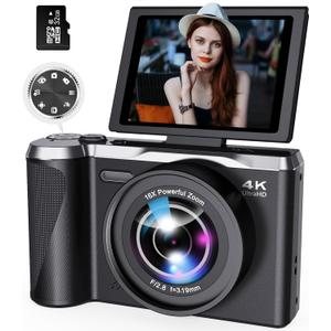 Digital Camera 4K for Photography and Video, 56MP Autofocus Vlogging Camera for YouTube, 3" 180 Flip Screen & 16X Digital Zoom, Compact Travel Cameras with 32GB SD Card for Beginners & Adults (Black)
