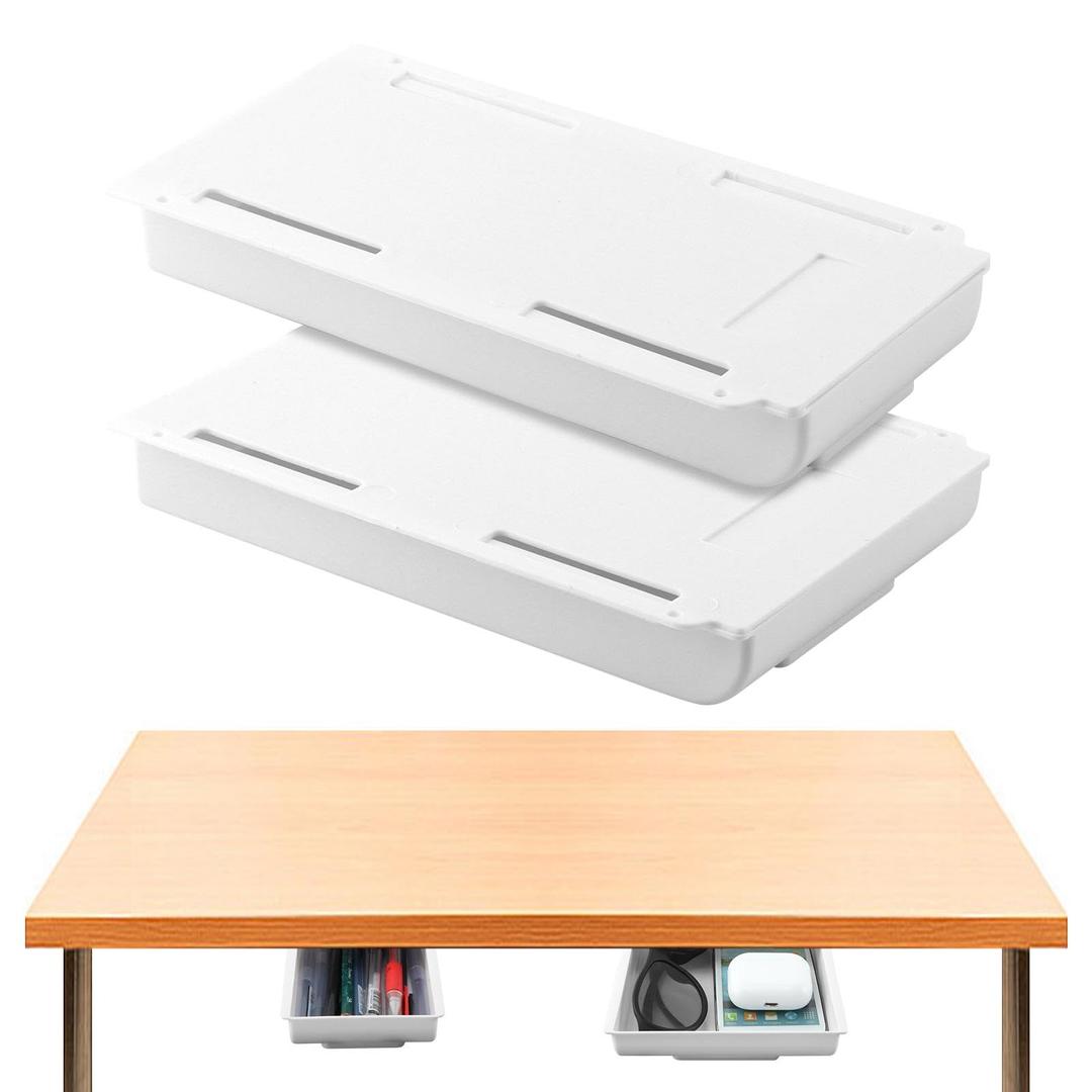 XuYelora 2pcs Under Desk Drawer, Table Hidde-n Slide Out Pencil Holder Self-Adhesive Desk Drawer Storage Tray Attachable for Stationery Home Office School (COLOR:white)