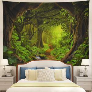 Tushelia Forest Tapestry Psychedelic Tree Cave Tapestries Fantasy Nature Landscape Backdrop Tapestries Stream Through Rainforest Jungle Tapestry Wall Haning for Bedroom Decor (51.2"L x 59.1"W)