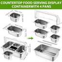 4 Pans Countertop Ice Food Serving Display Container and Clear Roll Top Cover Stainless Steel Condiment Dispenser Serving Tray Salad Bar Buffet Station for Restaurant Hotel Kitchen Party, 22.1" x 14.6" x 8.7"