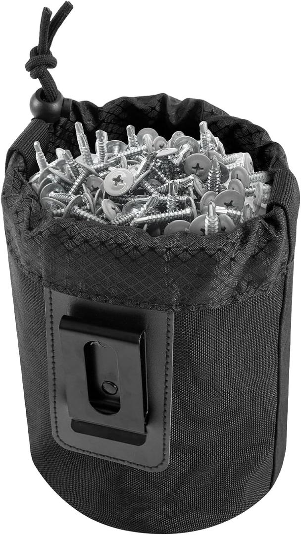 Waxed Canvas Nail/Screw Pouch, Tool Pouch with Belt Clip, 5 x 5 x 8 Inch Rounded Bolt Bag with Stand up Base Metal Clip on Organizer, Nail Pouch Suitable for Carpenters, Electrician, Carpenter