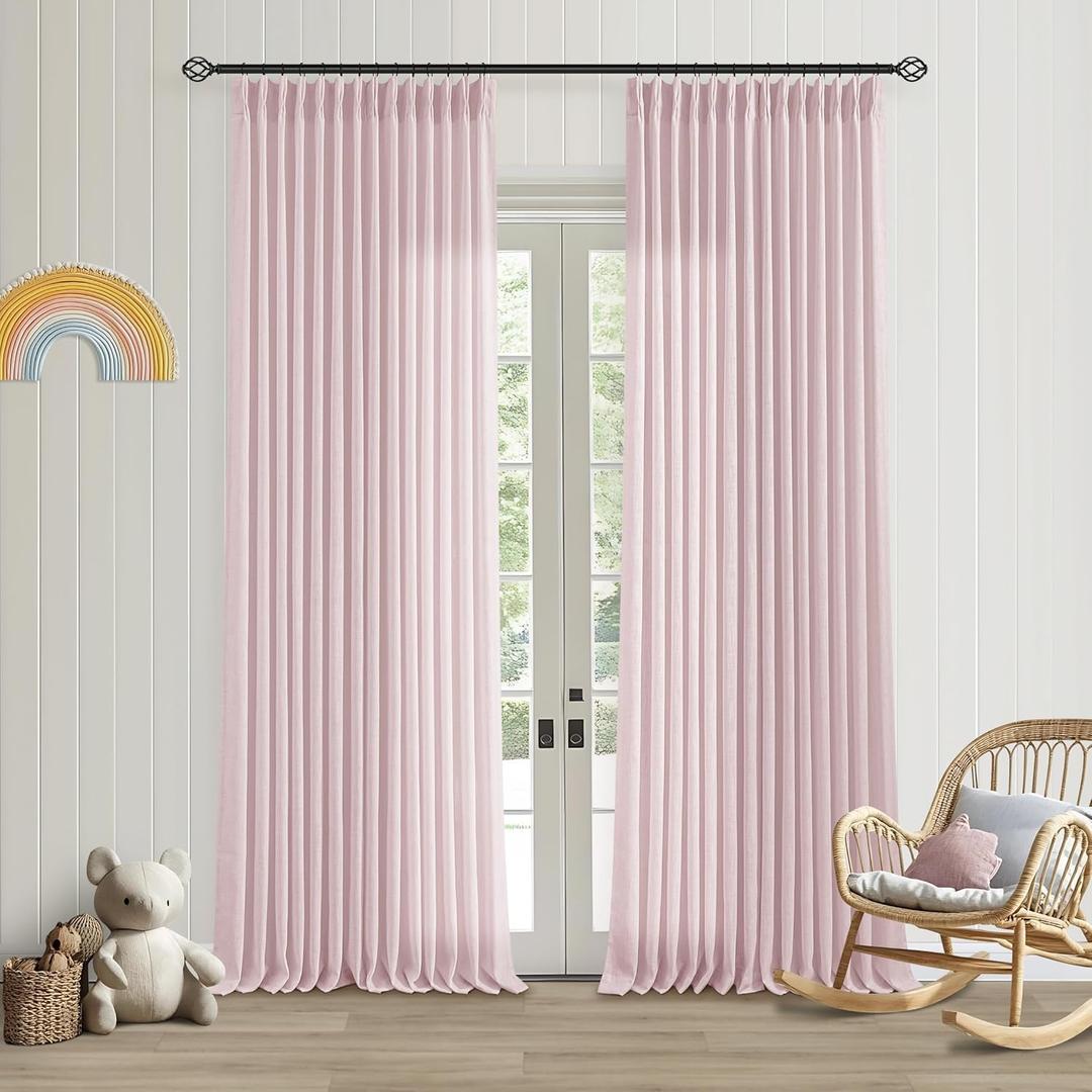 Baby Pink Linen Pinch Pleated Curtains 96 Inch Length 2 Panels for Girls Bedroom Nursery Soft Thick Linen Window Curtains 96 Inches Long Semi Sheer Light Filtering for Living Room Blush Dusty Pink