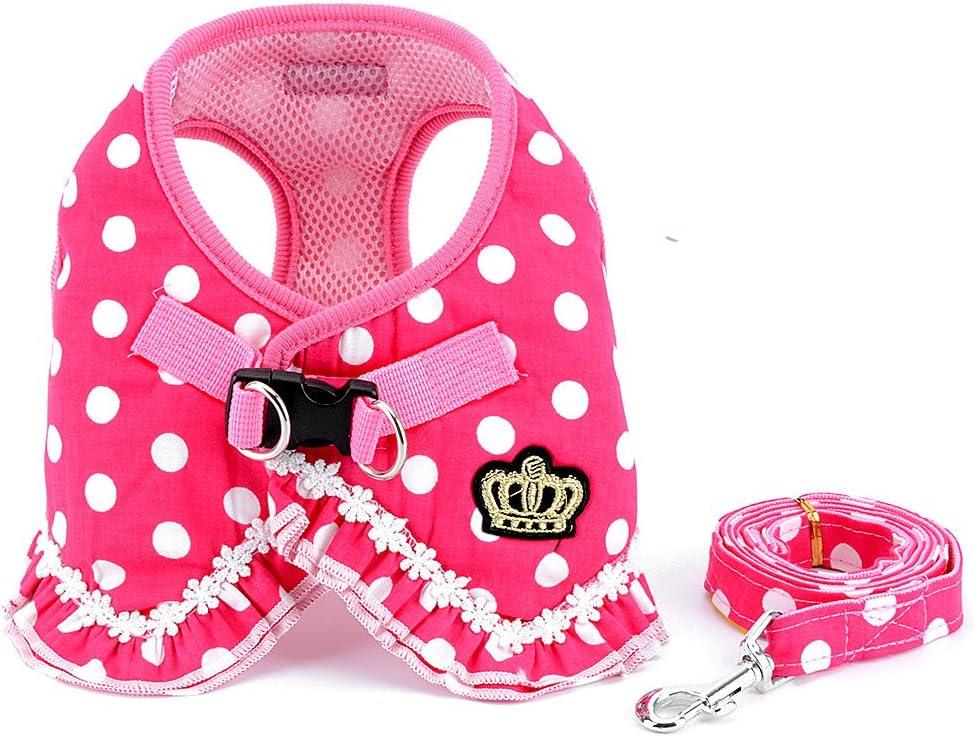 SMALLLEE_Lucky_Store Small Dog Cat Sweet Dots Pattern Vest Harness Leash Set Mesh Padded Lead Pink S (S(Chest Girth 12.6";Neck Girth 7.9"))