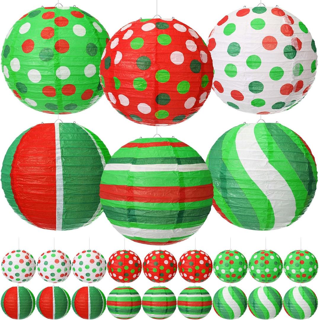 Boao 24 Pcs Red and Green Paper Lantern 8 Inch Christmas Hanging Lantern Indoor Outdoor Decorative Round Hanging Decor Ornaments for Holiday Xmas Party Baby Shower Birthday