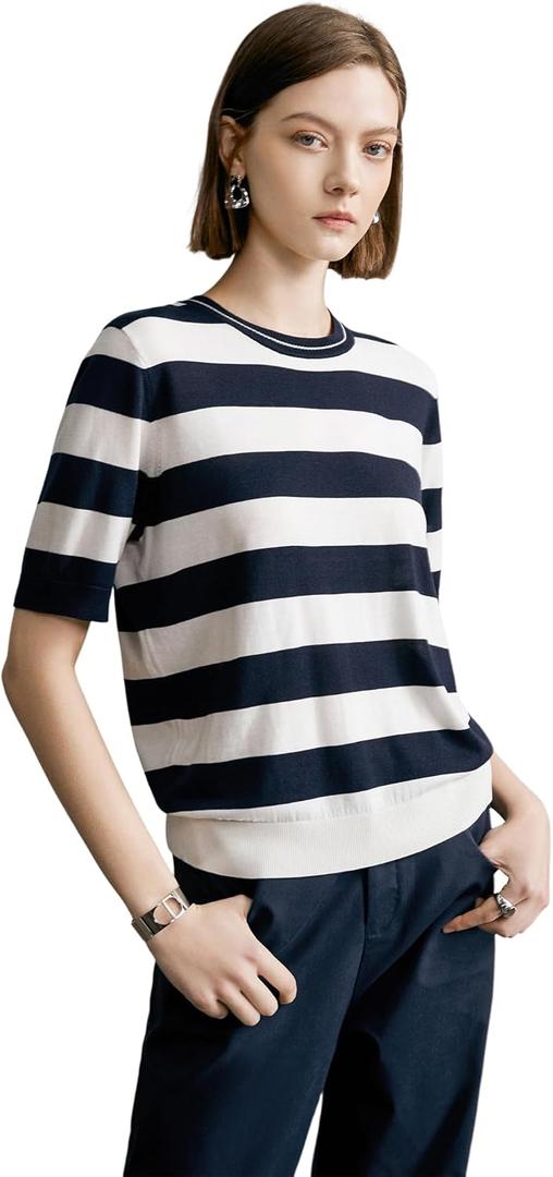 Women's Striped Round Neck Tops - Classic Stripes Tee, Summer Bold Stripes Blouses Casual T Shirt for Women (X-Large)