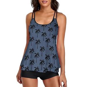 Stylish Swim Suits for Women Slimming Tankini Set Adjustable Straps 2 Piece Swimwear Tropical Hawaii Beach Pool Party Photoshoot Flattering Hides Belly Perfect for Vacation Navy Black Tree XXL