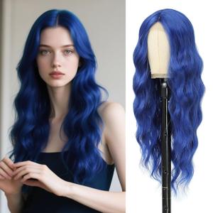Dark Blue Wig 26 Inch Long Wavy Wig for Women - Heat Resistant Synthetic Hair Middle Part Curly Wig Natural Look for Daily Party Cosplay Costume Use