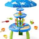 HYES Water Table for Toddlers 3-5, 3-Tier 6 Zones Water Sand Table with Umbrella, Rain Showers Splash Pond Toys for Outdoor Beach Backyard Summer, Kids Activity Sensory Playset for Boys Girls, Blue