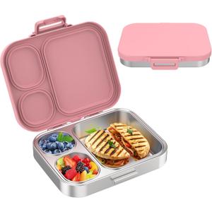 Stainless Steel Bento Lunch Box for Kids | 3-Compartment Lunch Box Container Kids | 100% Leakproof, Eco-Friendly, Perfect Portion Control for Kids&Adult Healthy Meals (Pink)