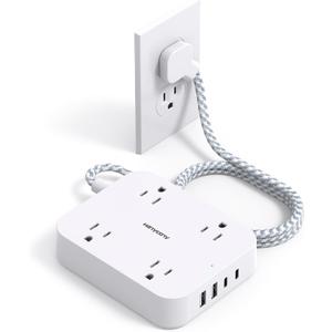 Flat Plug Extension Cord, HANYCONY 5ft Power Strip with 4 USB Ports(2 USB C), 4 Widely Outlets Extender, Wall Mount, Desk Charging Station for Office School Travel Dorm Room Essentials, ETL Listed (White)
