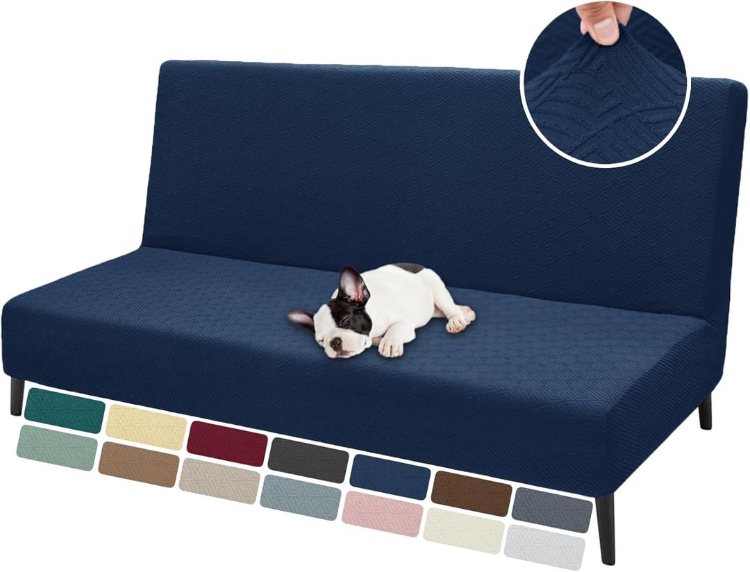 ZNSAYOTX Armless Futon Covers Full Size (67"-82") Stretch Sofa Bed Slipcover with Non-Slip Elastic Bottom, Thick Jacquard Futon Mattress Cover Soft Durable Washable Spandex Protector (Navy Blue)