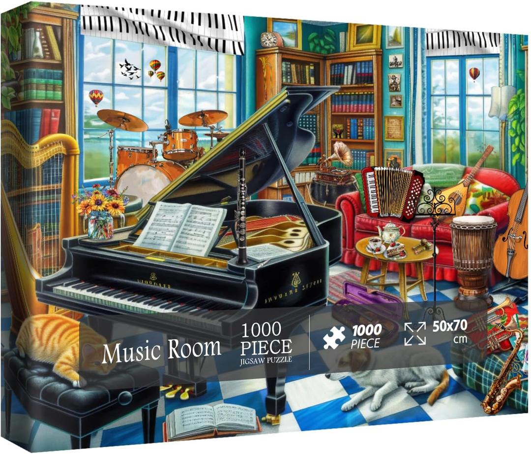 Music Room Puzzles for Adults 1000 Pieces, Pretty Musical Art Jigsaw Puzzles, Funny Cat Dog Puzzles