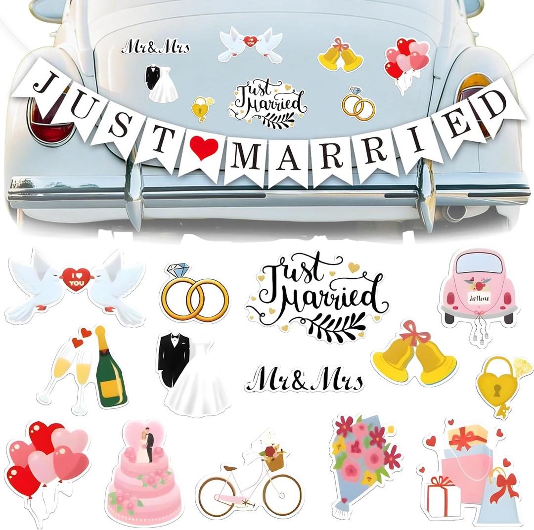 KatchOn, Just Married Car Magnets - Pack of 15 | Just Married Banner for Wedding Decorations | Wedding Car Decoration Kit | Multicolor Magnetic Sticker for Annversary Decor, Just Married Fridge Magnet