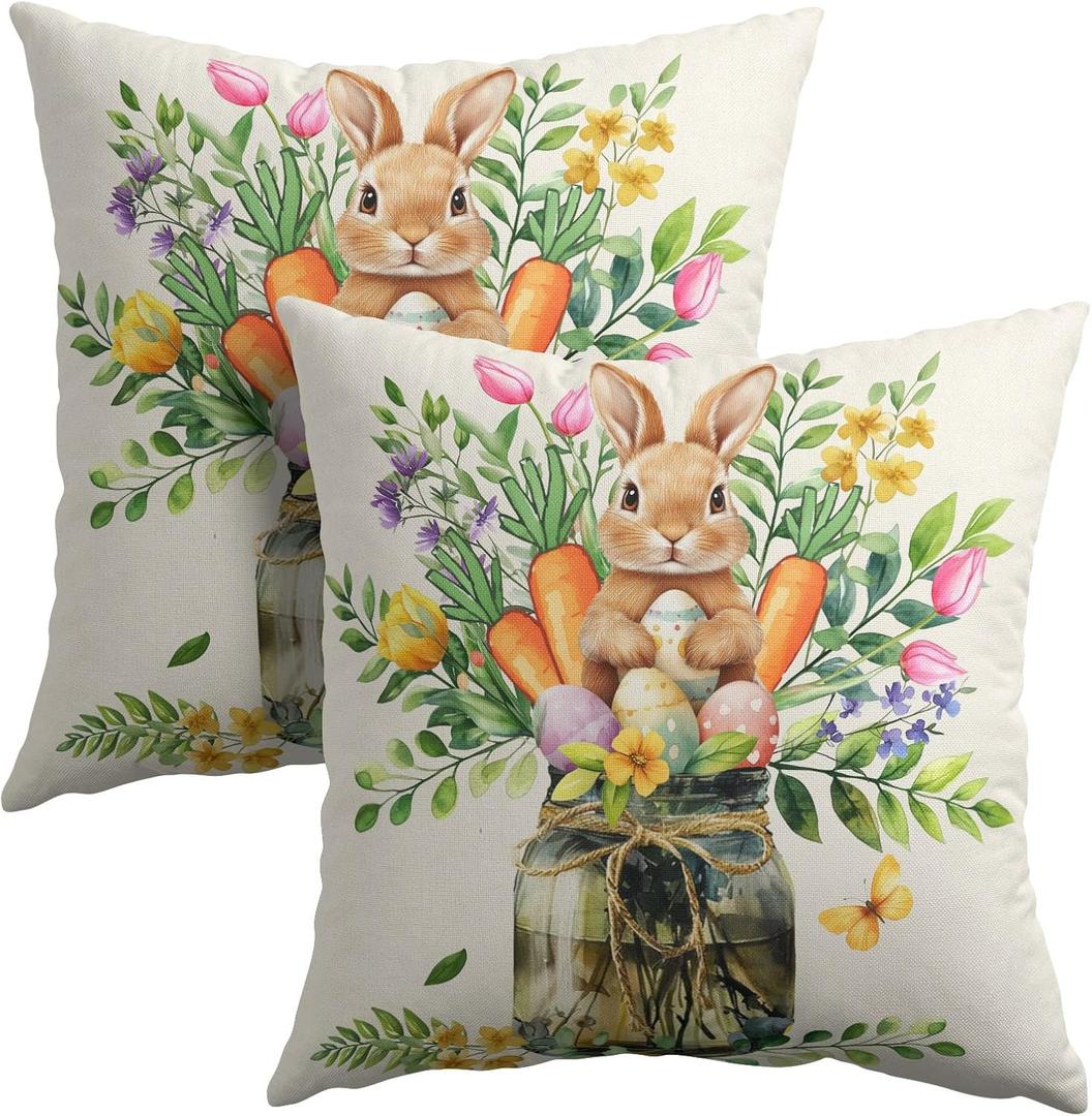 Easter Bunny Carrots Throw Pillow Covers 18X18 Inches Set of 2 Spring Colorful Floral Green Leaves Mason Jar Pillowcase Soft Cotton Linen Square Spring Cushion Covers for Home Sofa Bedroom