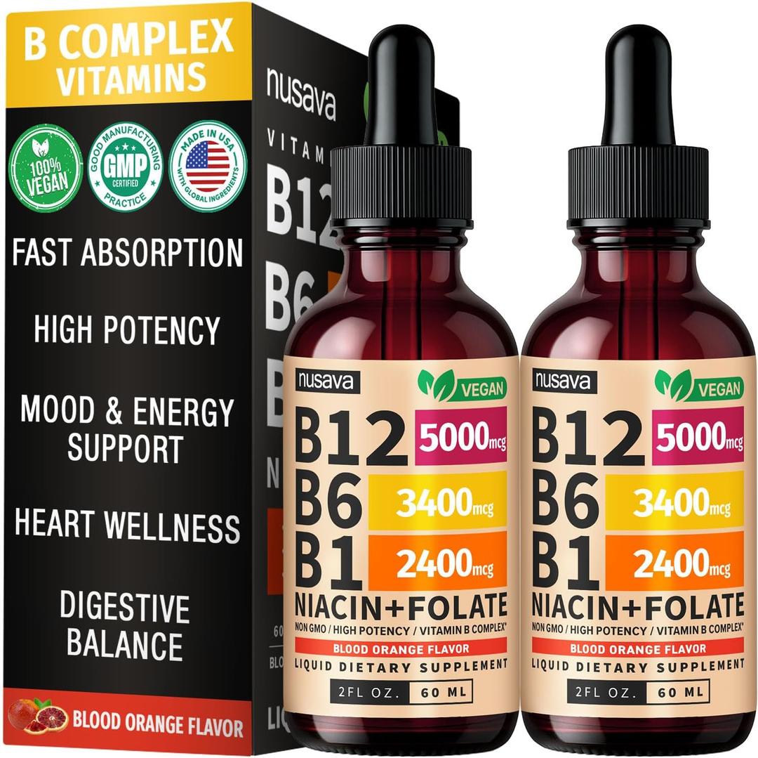 NUSAVA (2 Pack) Vitamin B12 Liquid Drops 5000mcg-B12 Sublingual with B6 & Vitamin B Complex -Methylcobalamin B12 Drops for Women & Men - Vegan Supplement,Non-GMO, Crimson Orange (2 Fl Oz, 80 Servings), BBD: 05/2028