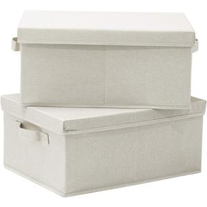 HOONEX Foldable Storage Bins with Lids, 2 Pack, Storage Boxes with Carrying Handles and Sturdy Heavy Cardboard, 16.5" L x 11.8" W x 7.5" H for Shoes, Books, Clothes, Beige
