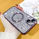 Fiyart Designed for iPhone 14 Case,Compatible with MagSafe Cheetah Print Plating Camera Protection Magnetic Clear Glitter Leopard Print Shockproof Phone Bumper for Women Girls 6.1"-Purple