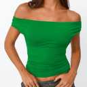Trendy Queen Off The Shoulder Tops for Women Going Out Y2K Summer Cute Shirts Sexy 2026 Double Lined Date Club Outfits (Green, S)