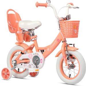 Glerc Girls Bike for 3-5 Years Old Children, Princess Style Kids Bicycle with Doll-Seat & Basket & Training Wheels, Peach