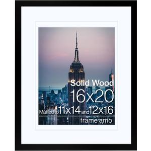 Frame Amo 16x20 Black Solid Wood Poster Frame, White Multi Mat for 11x14 and 12x16 Image, 1 inch Wide, Acrylic Front