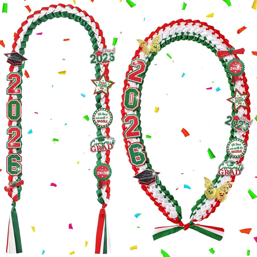 Suncalla 2 Pcs Graduation Leis Class of 2026 Mexican Money Ribbon Leis Graduation Necklace with Glittery Pins Red White Green Braided Ribbon Necklace for Grad Gift High School University Ceremony DIY