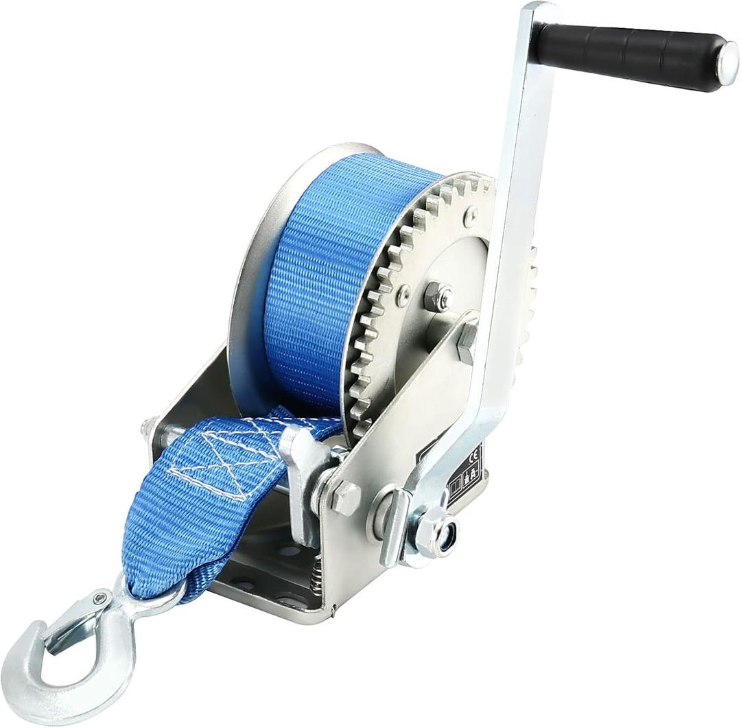 JEUIHAU 1200 Lbs Heavy Duty Hand Winch with 23 Ft Blue Strap, Hand Boat Crank Winch, Manual Trailer Winch with Hook for Pulling ATV Boat Trailer Truck