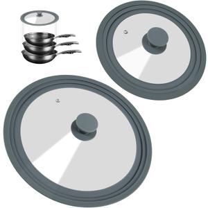 Universal Lid for Pots, Pans, and Skillets - 2 Pack Silicone Replacement Pan Lid Fits 7", 8" 9" & 10", 11", 12" Cookware - Tempered Glass Pot Lid Cover for Frying Pans, Cast Iron, CrockPot