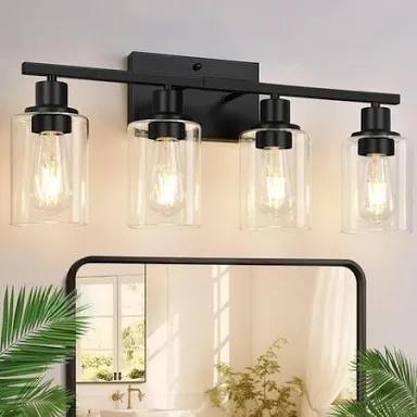 Blinghy 4-Light Bathroom Light Fixtures, Black Modern Vanity Light with Clear Glass Shade, Bathroom Lighting Fixtures Over Mirror, Bathroom Wall Sconce Lights for Mirror Living Room Bedroom Hallway