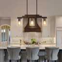 Farmhouse Wood Kitchen Island Lighting, 3-Light Adjustable Chandelier for Dining Room, Seeded Glass Shade Dining Room Light Fixture Over Table, Black Hanging Pendant Lights for Kitchen, Pool Table