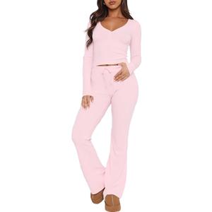 Womens 2 Piece Lounge Sets Long Sleeve Crop Tops V Neck Flare Pants Set Fall Y2k Casual Outfits (Medium, Pink)
