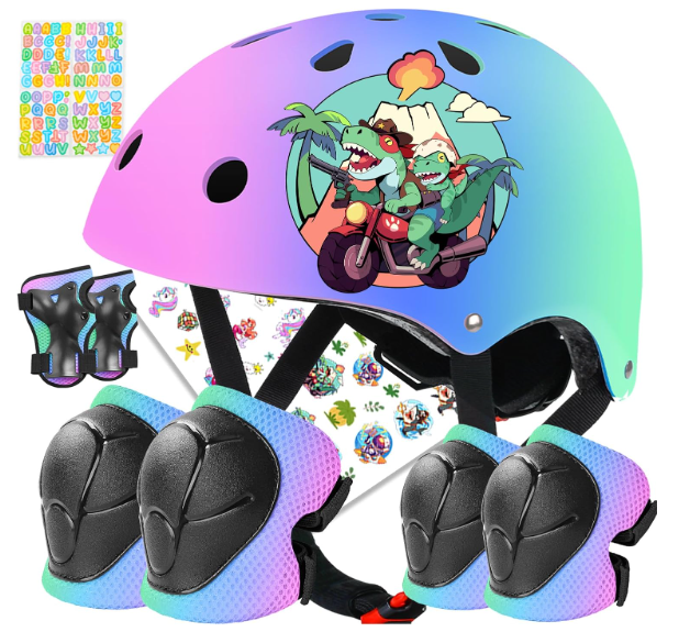 Toddler Kids Bike Helmet Set for Boys Girls Color Gradient Adjustable Skateboard Helmet Protective Gear Set Knee Elbow Wrist Pads for Bike, Roller, Scooter, Cycling, Balance and More Sports Pink-Blue-Green