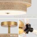 16 Inch Woven Rattan Linen Semi Flush Mount Ceiling Light Fixture, Modern Boho Drum Lamp for Bedroom, Kitchen, Dining Room, Living Room, Hallway, Entryway, Farmhouse Gold Wicker Chandelier