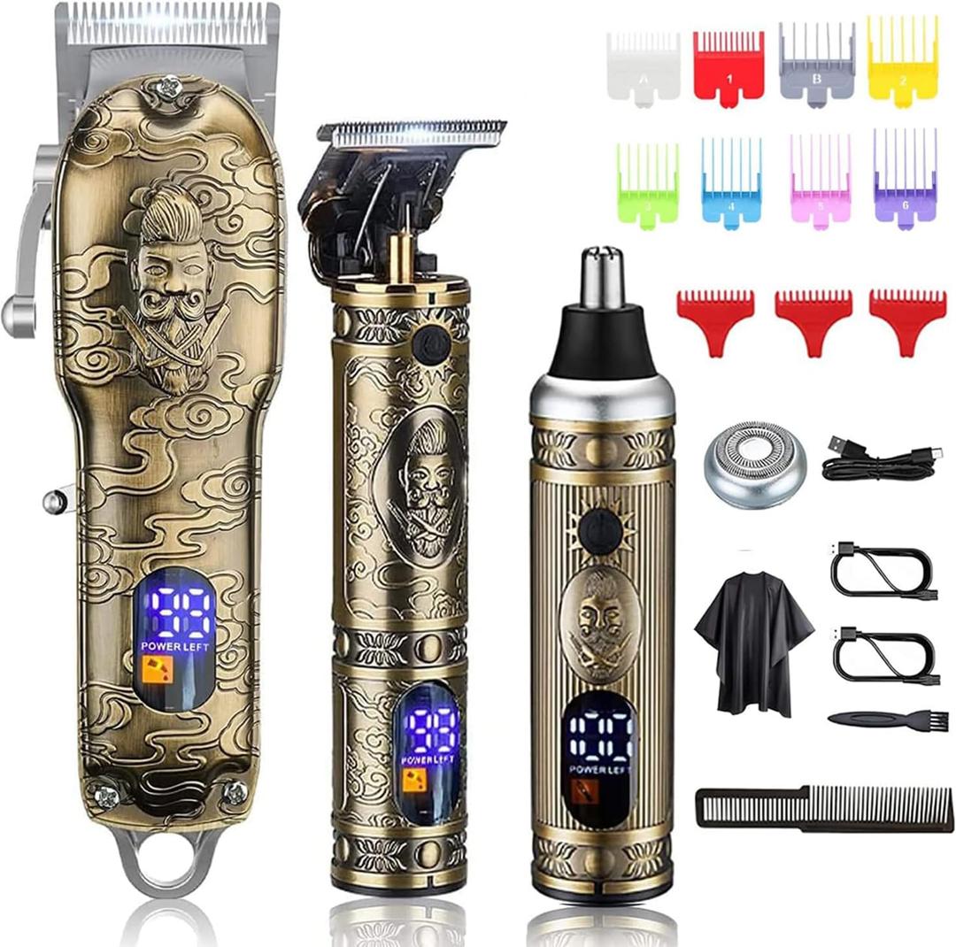 Suttik Hair Clippers for Men Barber Clippers and Trimmer Set of 3, Professional Cordless Nose and Beard Trimmer Hair Cutting Grooming Kit, Rechargeable, LCD Display