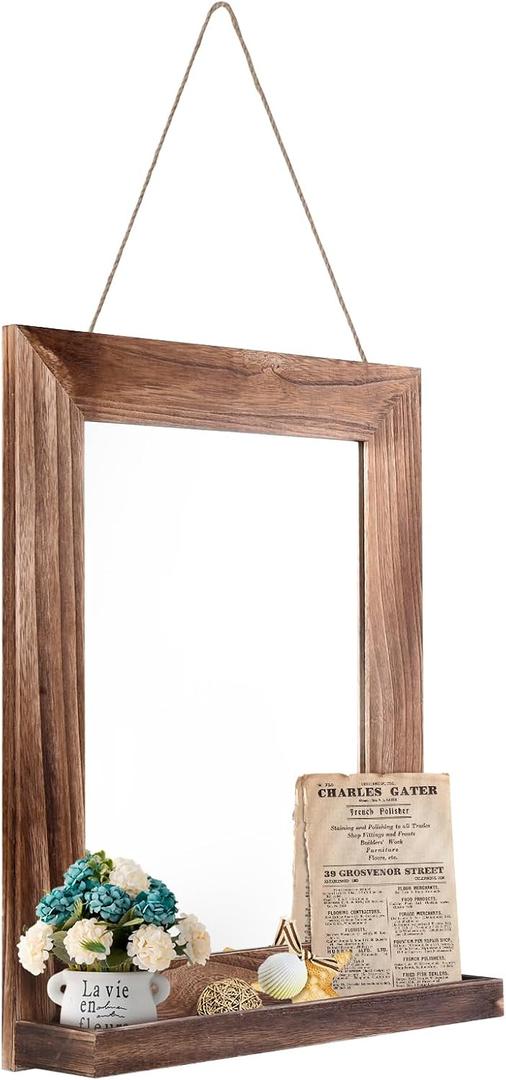 QDSSDECO 16"20" Wall Mirror with Shelf Farmhouse Decor Rectangular Mirror Hanging for Bathroom, Vanity, Bedroom, Entryway, Living Room,Brown with Hemp Rope