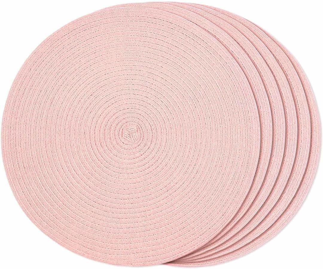 FunWheat Round Braided Placemats Set of 6 Place mats for Dining Tables Woven Heat Resistant Table Mats 15 inch (Pink)
