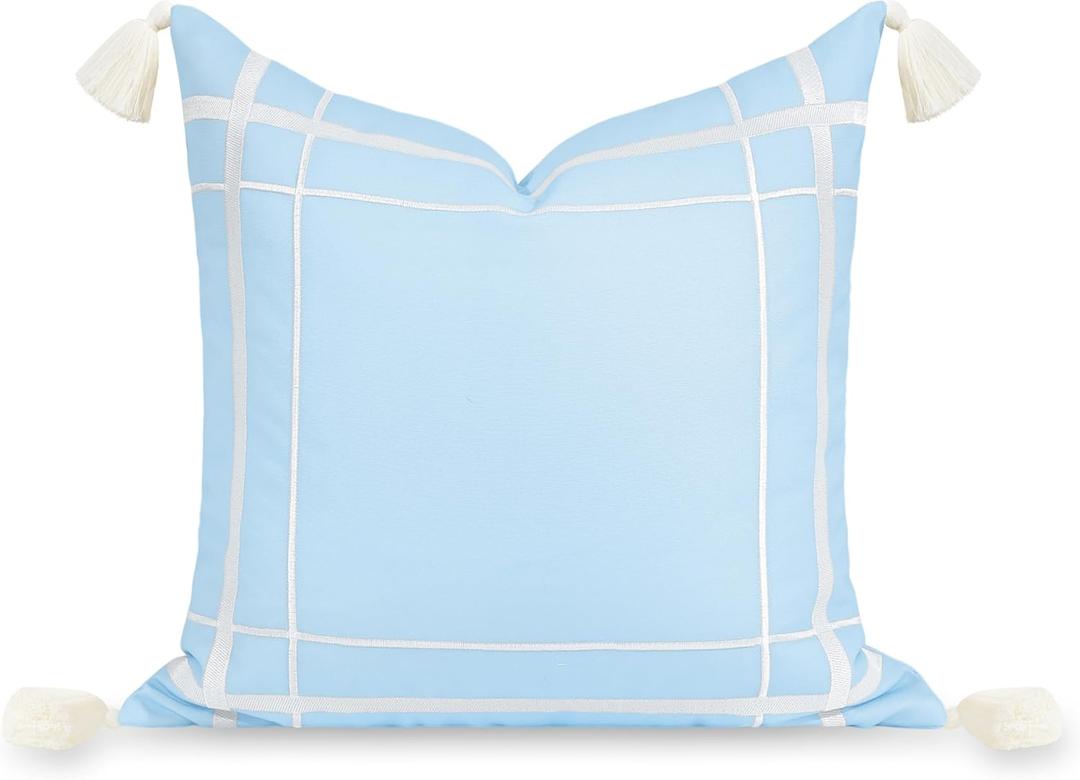 Hofdeco Premium Coastal Patio Indoor Outdoor Throw Pillow Cover Only, 20"x20" Water Repellent for Backyard, Couch, Baby Blue Embroidered Line Frame