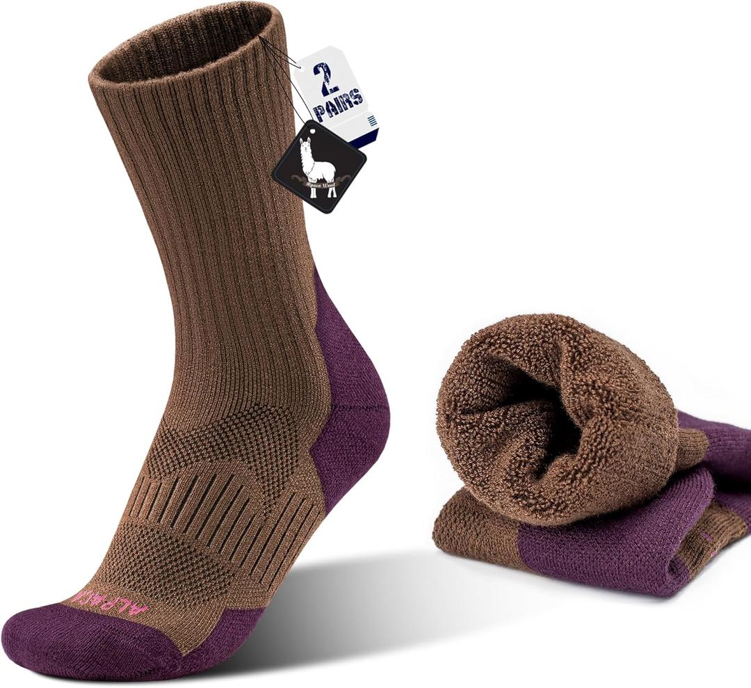 Alpaca Wool Hunting Socks 2 pairs for Men Women, Thermal Warm Compression Thick Winter Cushioned Hiking Boot Moisture Wicking (13-16)