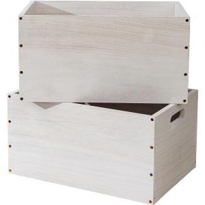 2 PackWood Storage Box 18.9×13×9.8 Inch with Handles, Stackable Wooden Organizer Crate for Home Closet Kitchen Bathroom, 2 Colors Vintage White & Black (Vintage White)