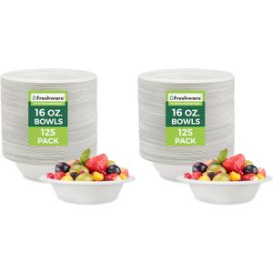 Freshware Paper Bowls - Disposable 16 oz. Soup Bowl, 250-Pack Biodegradable Sugarcane Fiber Serving Bowls - Heavy Duty Bagasse for Hot Food Plates - Microwave & Freezer Safe, Stackable Dinnerware