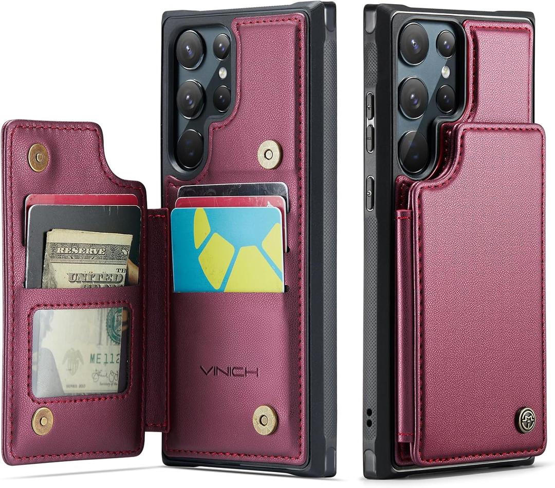 Vinich for Samsung Galaxy S22 Ultra Wallet Case with Card Holder, RFID Blocking Credit Slots Kickstand Shockproof Phone Cover Fit for Galaxy S22 Ultra 6.8" Wine Red