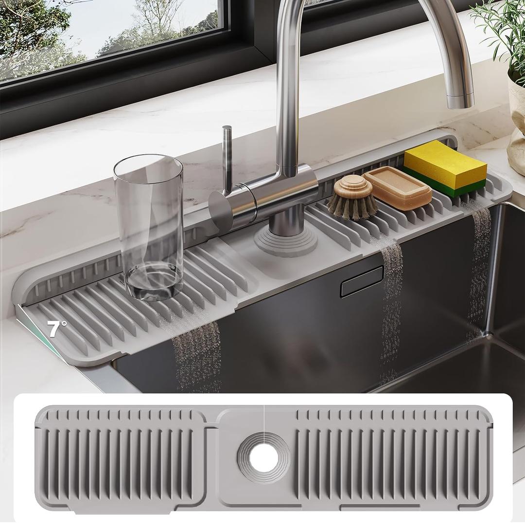 24 Inch Silicone Faucet Mat for Kitchen Sink Splash Guard - 7 Slope Water Draining Mat with Fasten Button for Bathroom Area (Gray, 24''x5.5'')