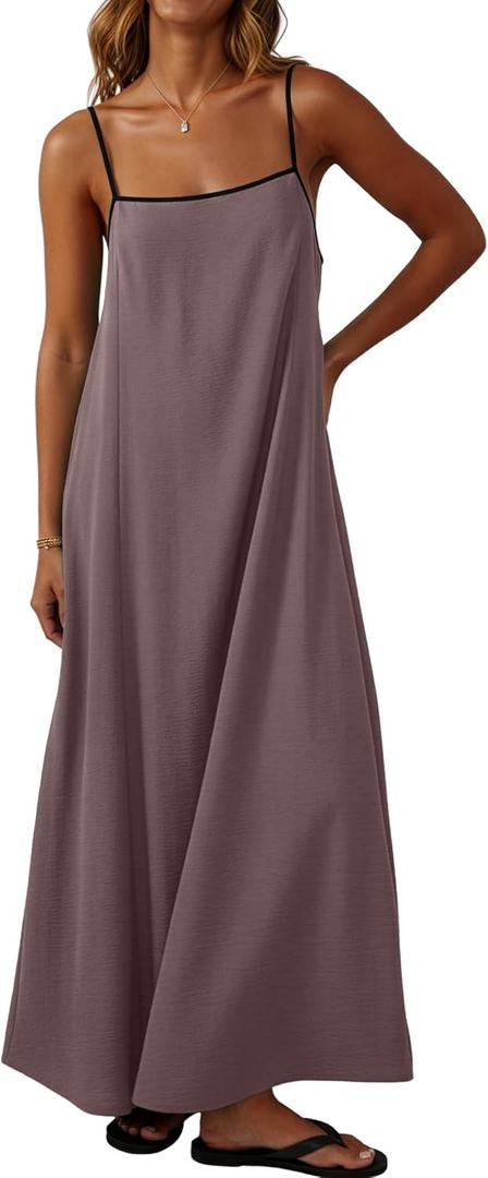 Lepunuo Summer Dresses for Women Casual Maxi Dresses Contrast Spaghetti Strap Sundresses Sexy Backless Dress, Medium (A - Purple Pink)