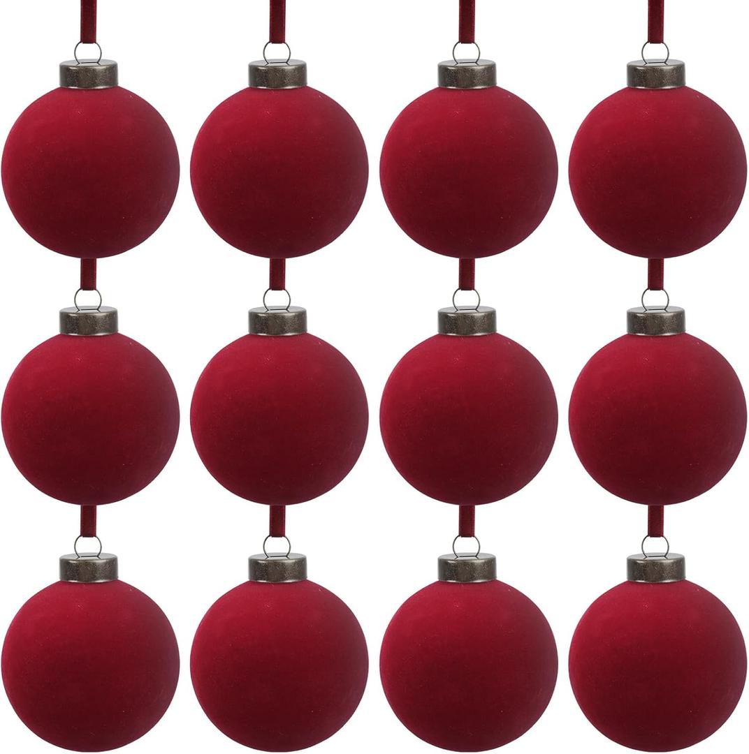 12 Pcs Velvet Christmas Balls Bulk Shatterproof Plastic Christmas Tree Decorations for Decorative Hanging Baubles (12, Wine red, 2.36Inch)