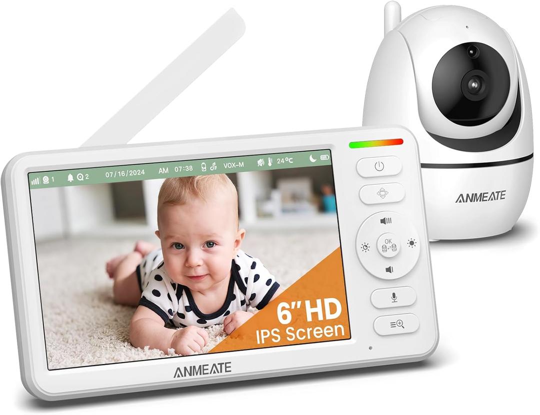 ANMEATE 6 Inch Baby Monitor with Camera and Audio - No WiFi, 48-Hour Battery, Thermal Sensor, Remote Pan/Tilt/Zoom, Two-Way Talk, Lullabies&White Noise, 1000ft Range