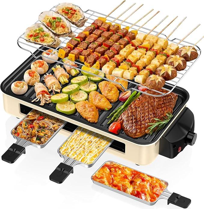 Electric Indoor Grill 1500W -2 in 1 Smokeless Indoor Grill for Kitchen with Non-stick Removable Grill & Griddle Plate, Temperature Control Korean BBQ Grill with 3 Cheese Pans Dishwasher Safe