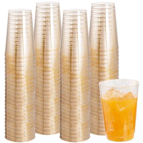 I00000 100 Pack 12 oz Gold Glitter Cups, Clear Disposable Cups, Gold Plastic Wine Glasses Cocktail Glasses Heavy Duty Cups, 12 Ounce Glitter Plastic Tumblers for Party