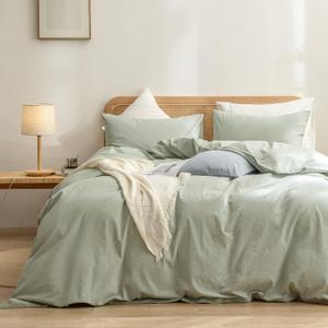 BESTOUCH Duvet Cover Set 100% Washed Cotton Linen Feel Super Soft Comfortable Chic Lightweight 3 PCs Home Bedding Set Solid Sage Green Oversized Queen