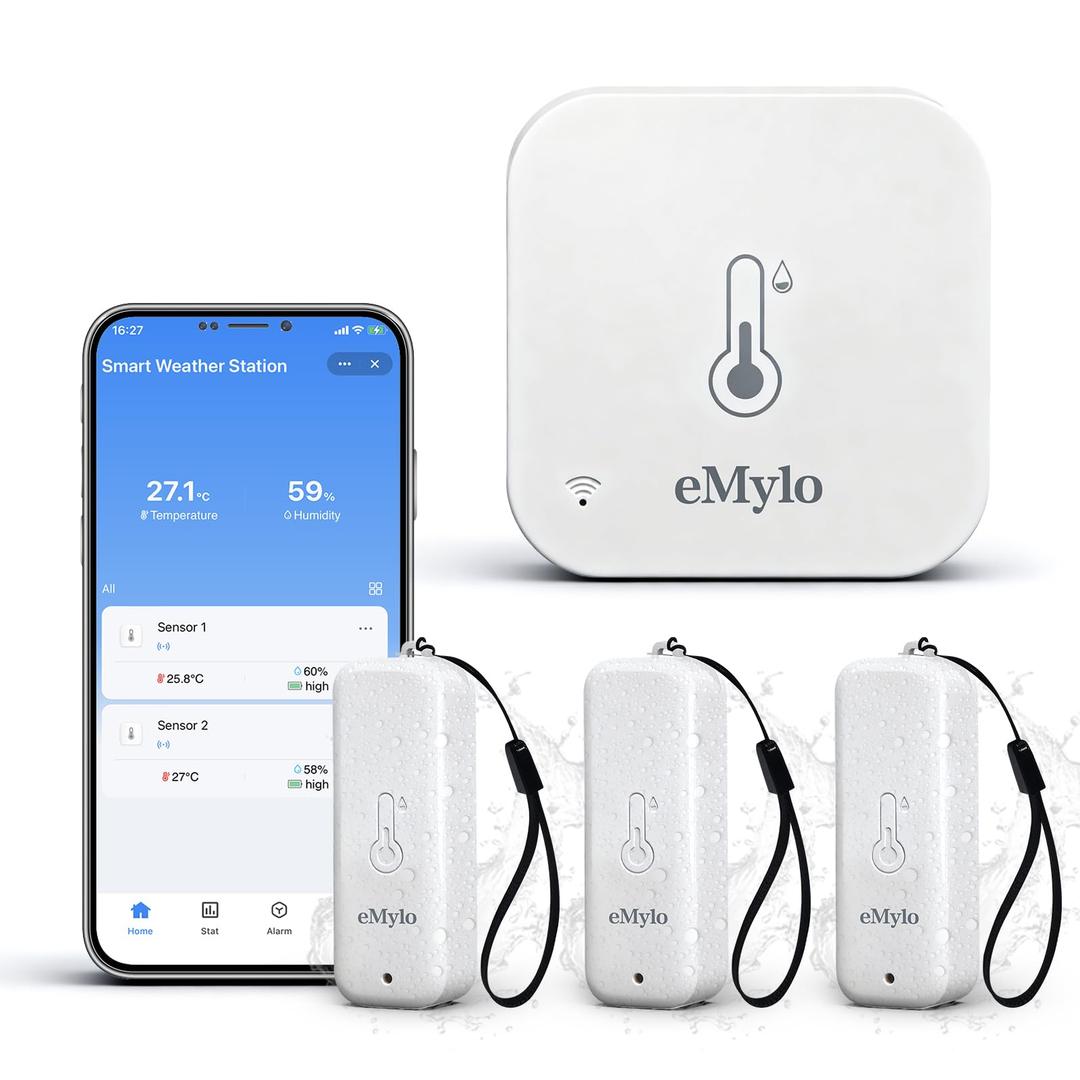 eMylo WiFi Thermometer Hygrometer 4 Pack, IP65 Indoor Smart Temperature Humidity Monitor with 3 Outdoor Wireless Sensors Kit, APP Notification Alert, Free Data Storage Export, 492ft Monitoring Range