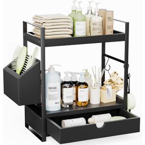 2-Tier Bathroom Counter Organizer with Drawer and Basket, Wood Countertop Organizer for Storage, Skincare Organizers for Vanity, Counter Shelf for Bathroom Organization, Black