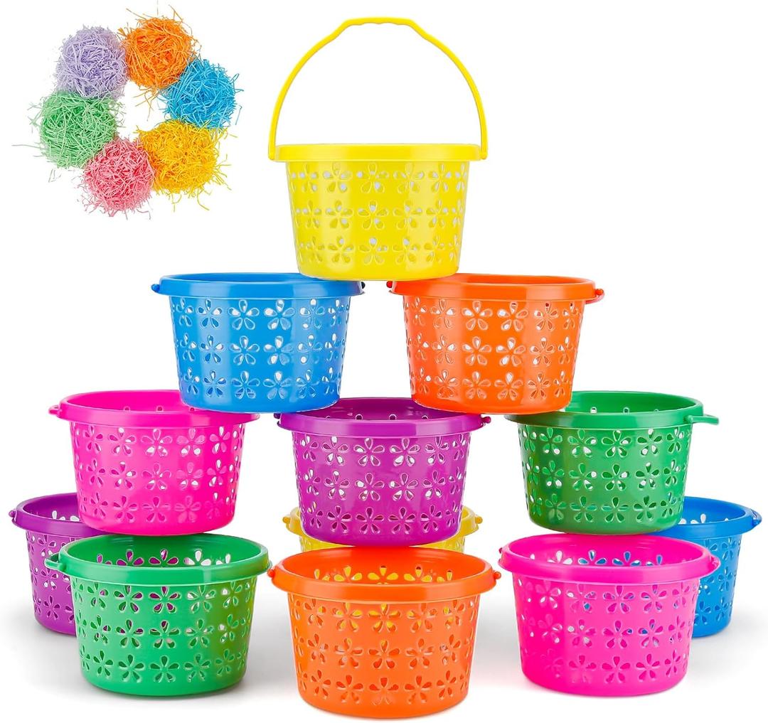 12 Pack Easter Baskets for Kids, Plastic Easter Bags with Handles, Easter Bucket Bags Filled with Grass for Easter Egg Hunt, Perfect Theme Party Favors
